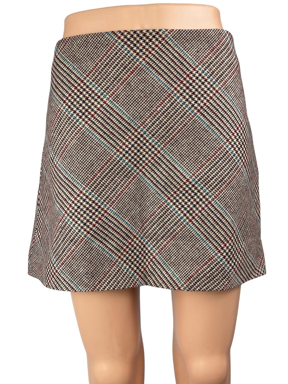 Mango MNG Gray Wool Plaid Checkered High Waist Mini Flared A-Line Skirt Size L